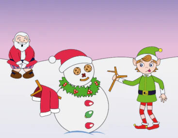 Illustration du temps des fêtes : père Noël, bonhomme de neige et lutin