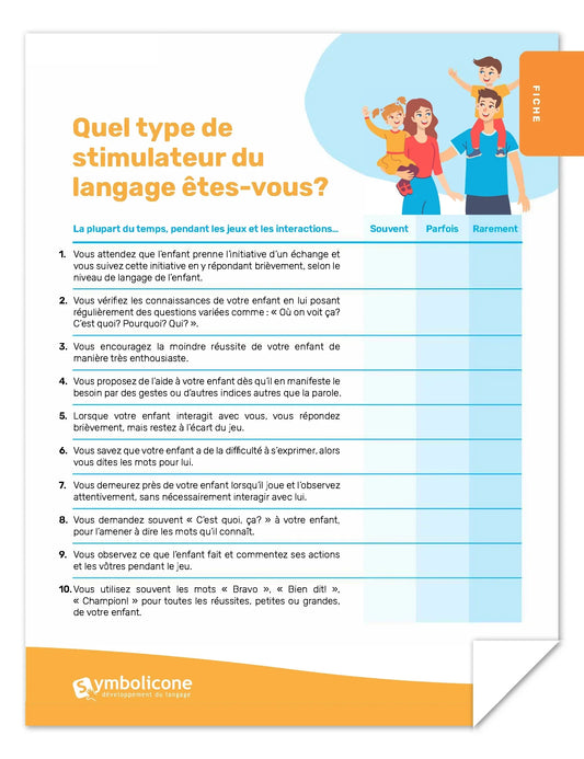 Fiche questionnaire Symbolicone « Quel type de stimulateur du langage êtes-vous? » avec dix énoncés à cocher