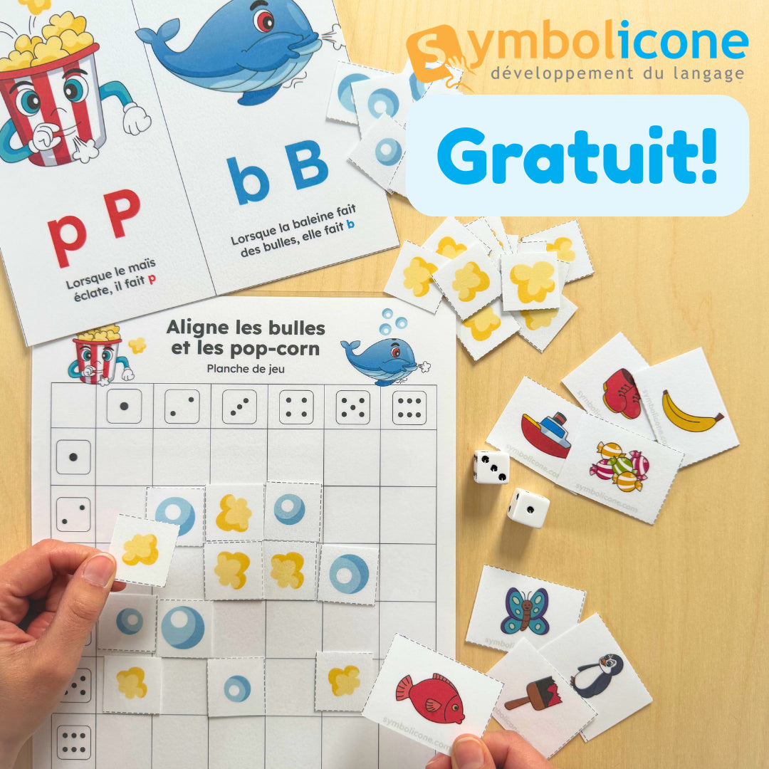 Aperçu du jeu imprimable gratuit « Aligne les bulles et les pop-corn » : planche de jeu, cartes et dés
