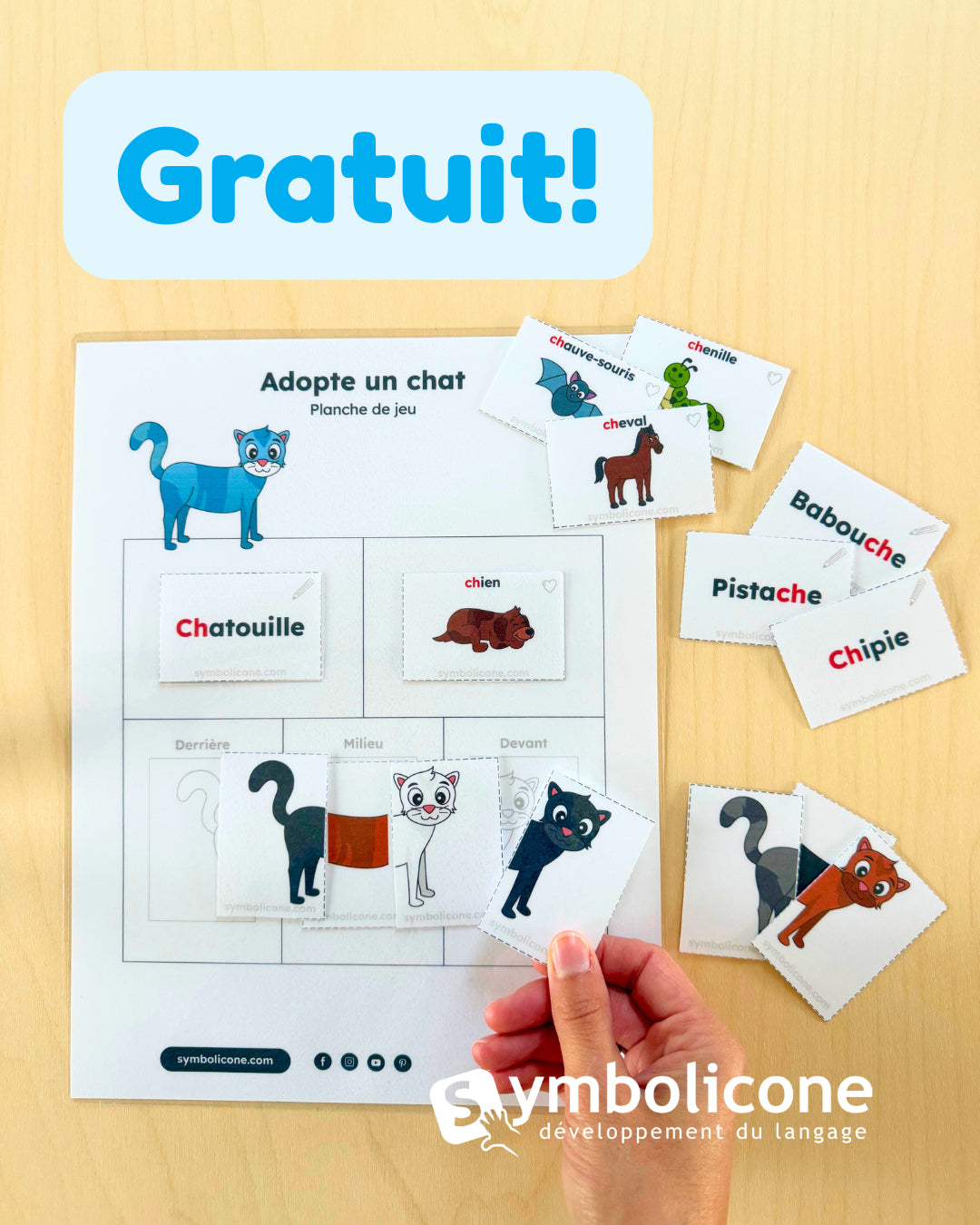 Aperçu du jeu imprimable gratuit « Adopte un chat » : planche de jeu et cartes illustrées de chats