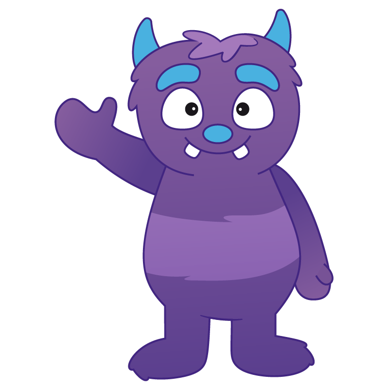 Maxime, petit monstre mauve aux cornes bleues qui salue de la main