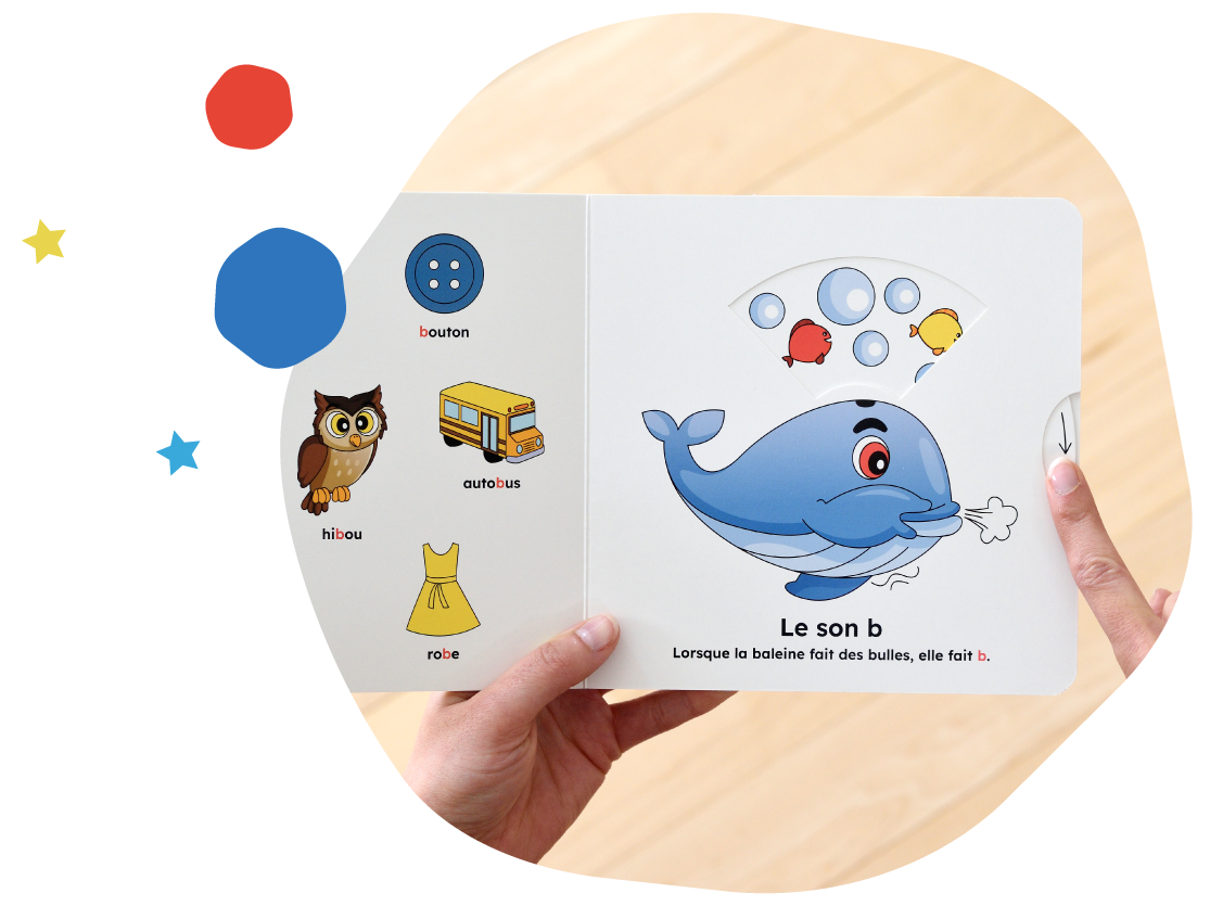 Livre « Le son b » ouvert : la baleine fait des bulles grâce au mécanisme interactif