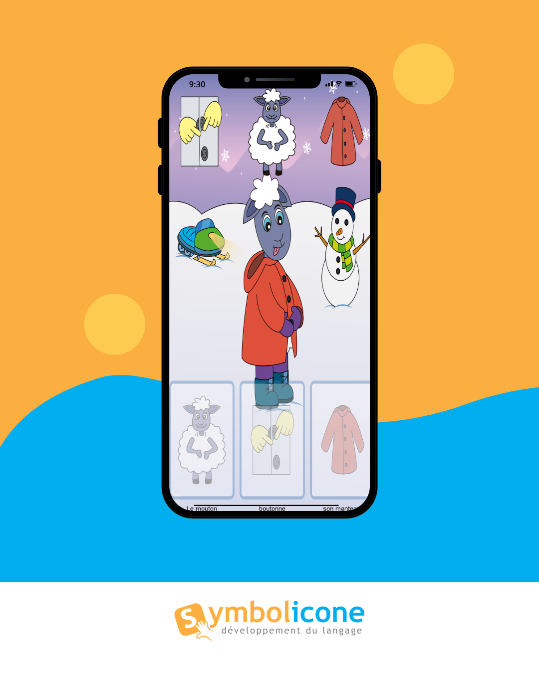 Téléphone affichant l'appli OrthoPicto : le mouton boutonne son manteau dans un décor hivernal