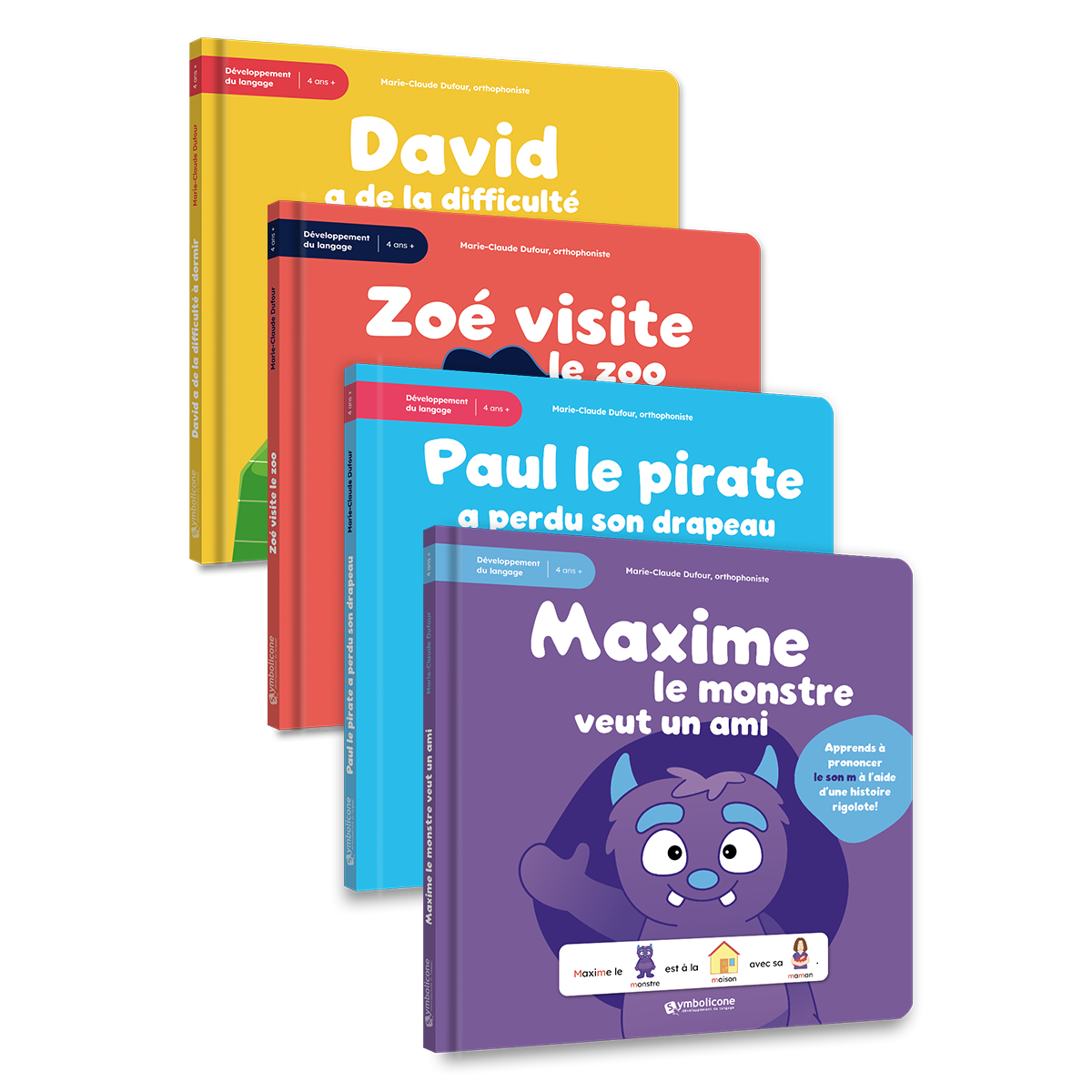 Les 4 livres à trous du coffret : David, Zoé, Paul et Maxime