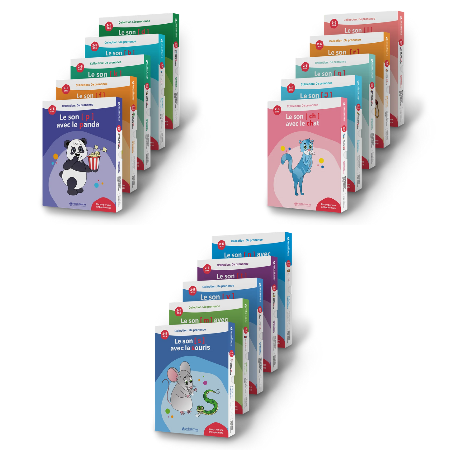 Les 15 boîtes de la collection « Je prononce », en trois éventails