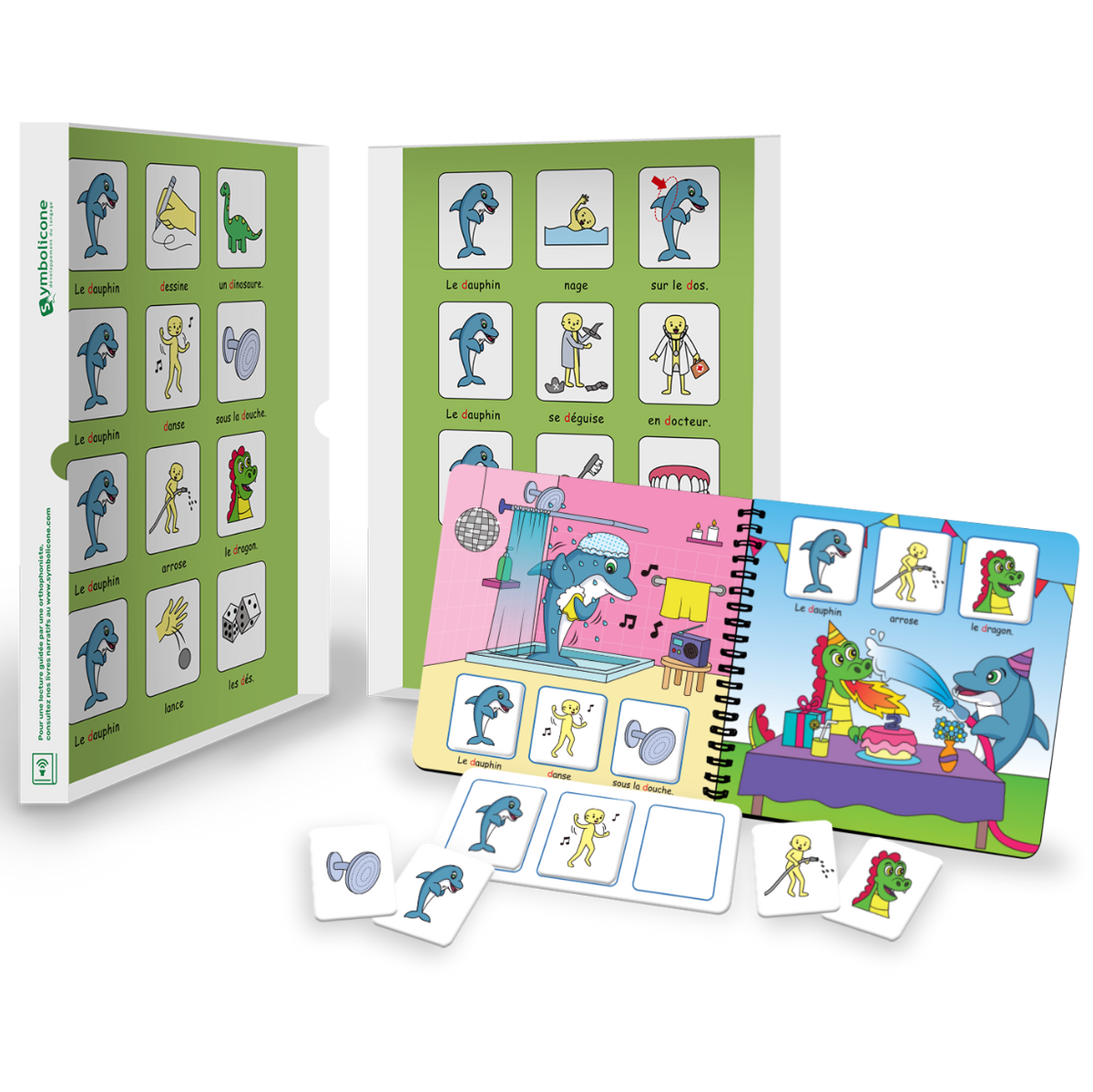 Boîte métallique ouverte d’un livre magnétique du coffret : livret en spirale et pièces