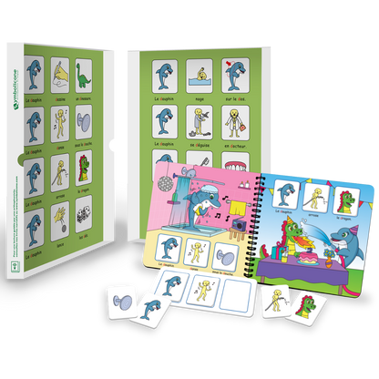 Boîte métallique ouverte d’un livre magnétique du coffret : livret en spirale et pièces