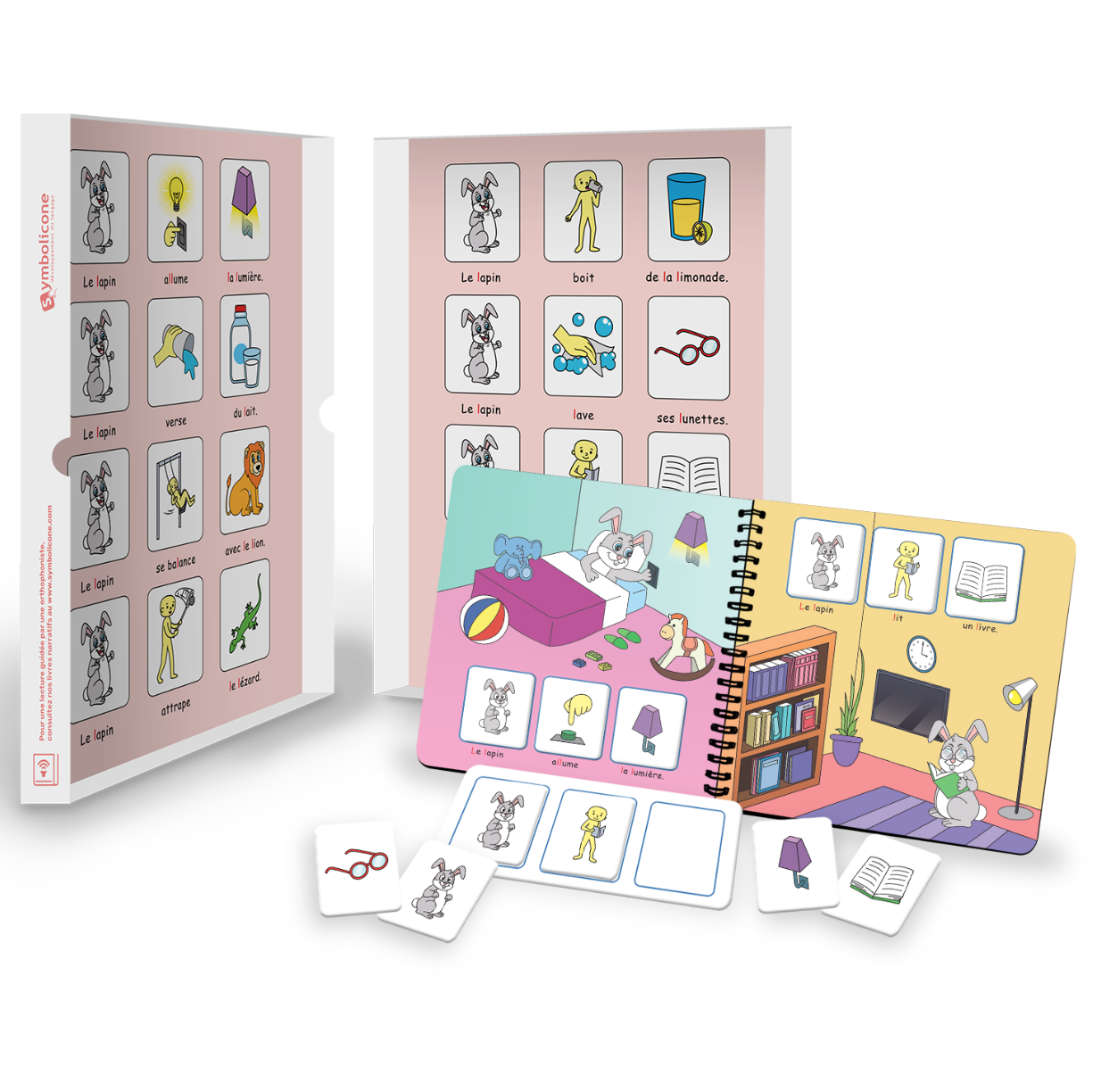 Boîte métallique ouverte d’un livre magnétique du coffret : livret en spirale et pièces