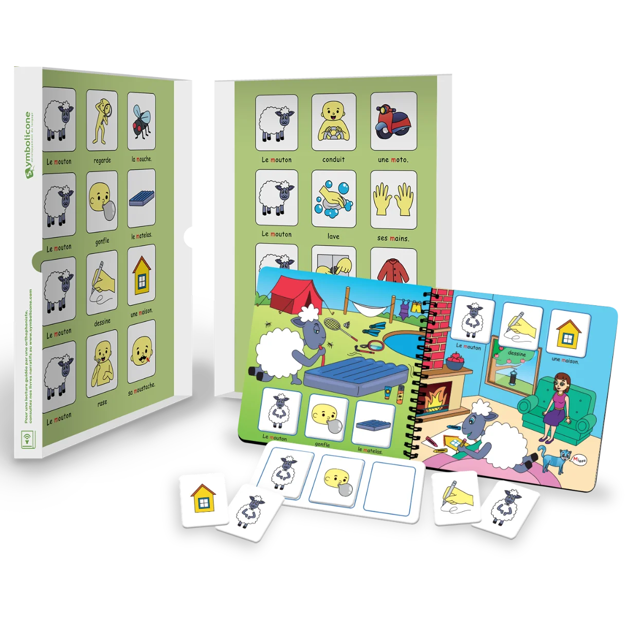 Boîte métallique ouverte d’un livre magnétique du coffret : livret en spirale et pièces