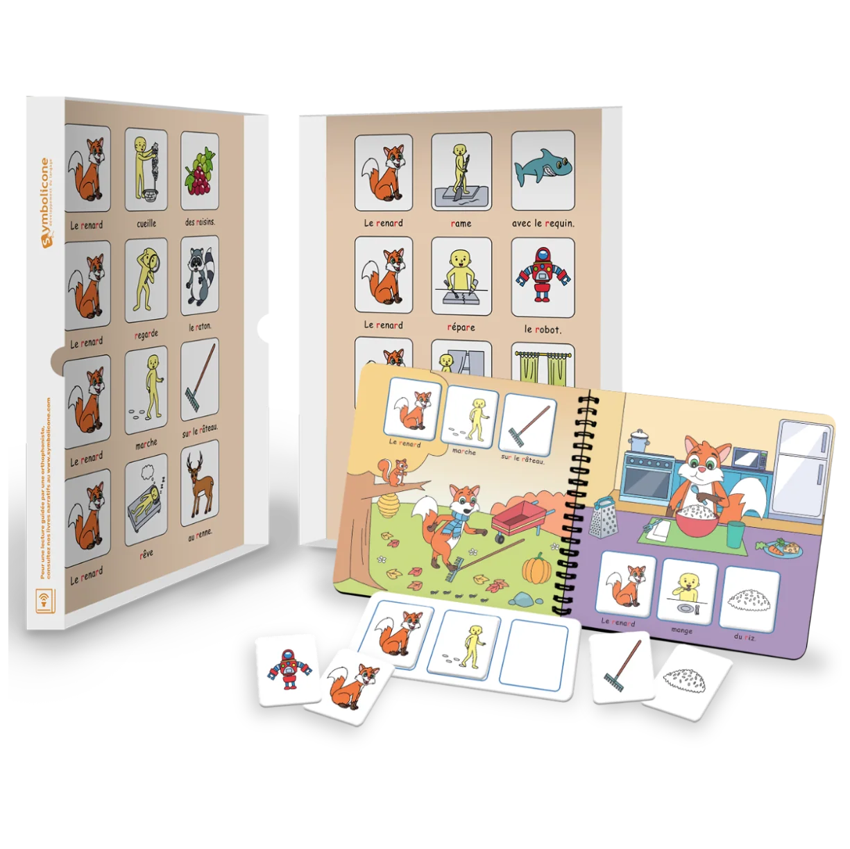 Boîte métallique ouverte d’un livre magnétique du coffret : livret en spirale et pièces