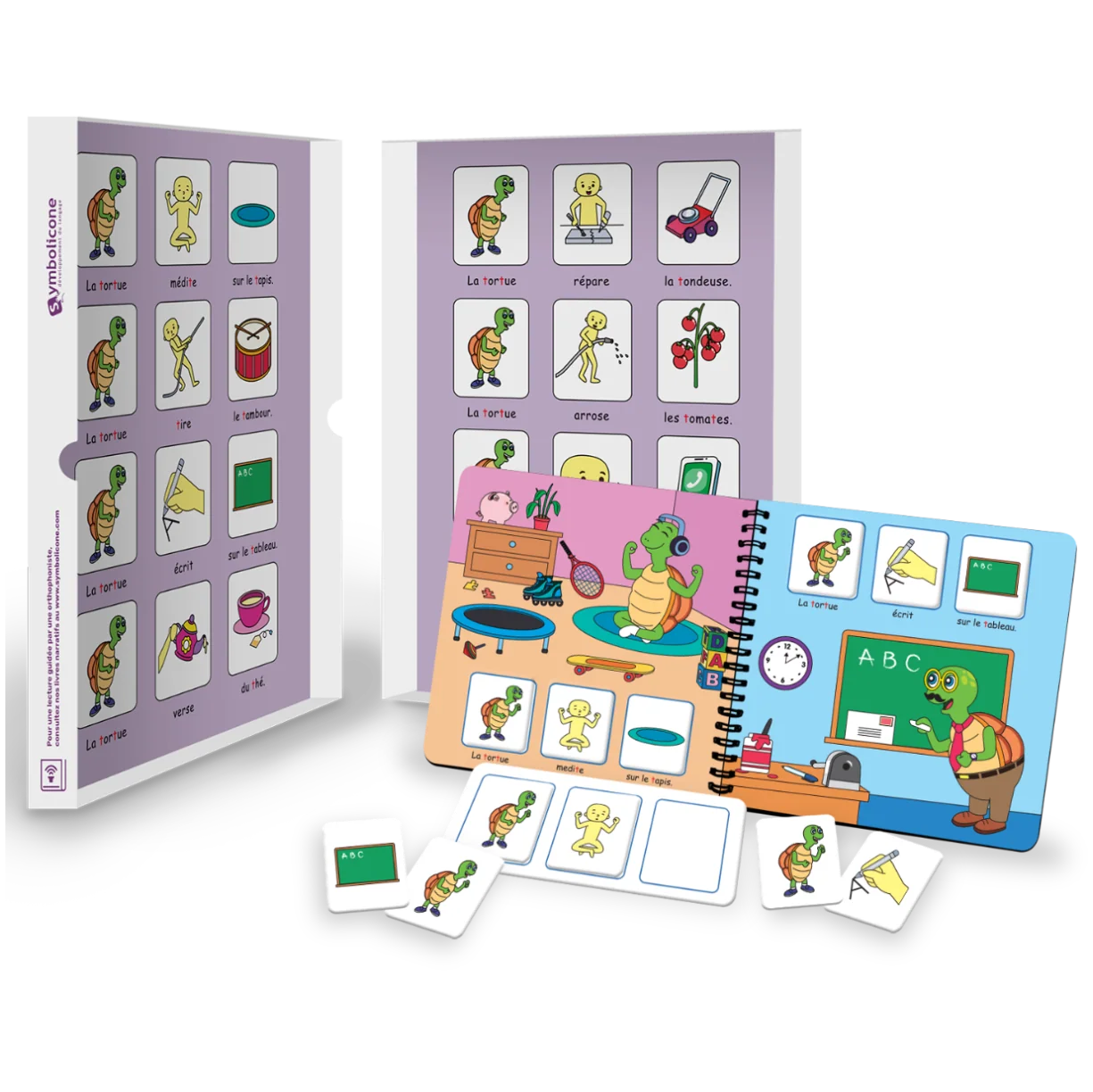 Boîte métallique ouverte d’un livre magnétique du coffret : livret en spirale et pièces