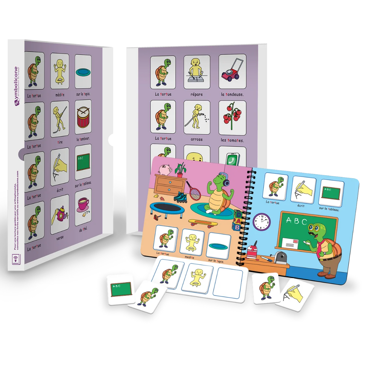 Boîte métallique ouverte d’un livre magnétique du coffret : livret en spirale et pièces