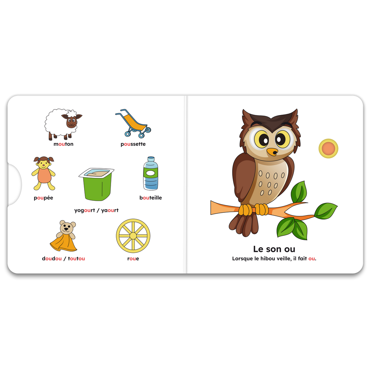Pages intérieures d’un livre à mécanismes du coffret, avec pictogrammes