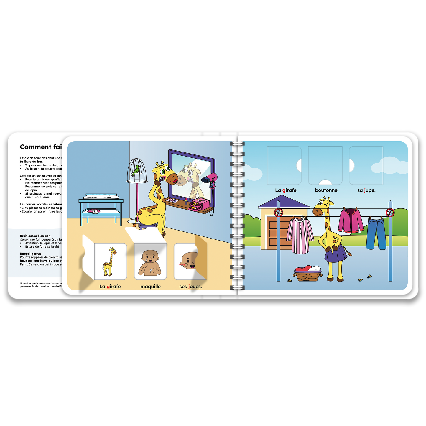 Pages intérieures du livre à rabats avec la girafe, inclus dans le coffret