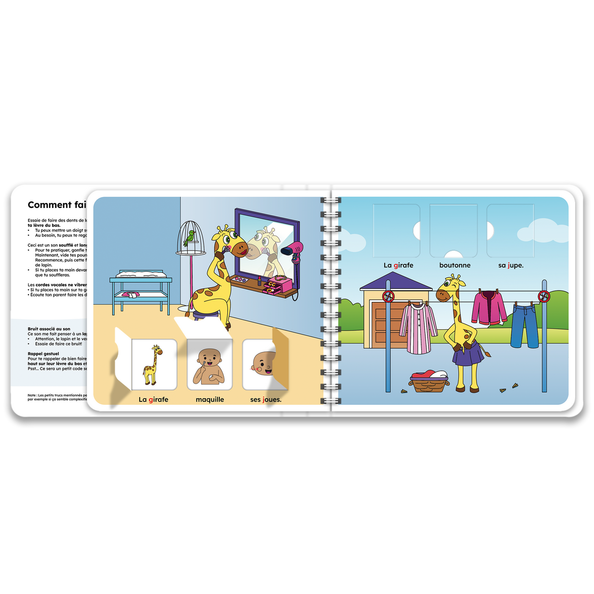 Pages intérieures du livre à rabats avec la girafe, inclus dans le coffret