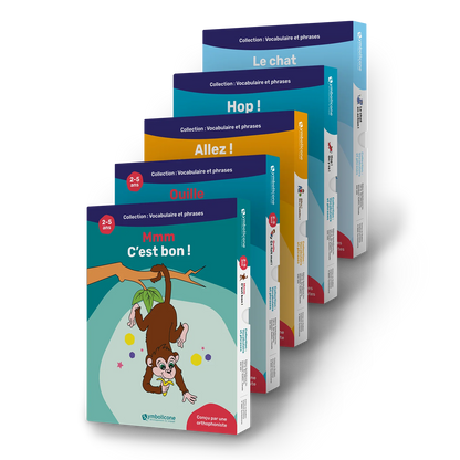 Les 5 livres magnétiques du coffret vocabulaire et premières phrases nº 1, empilés