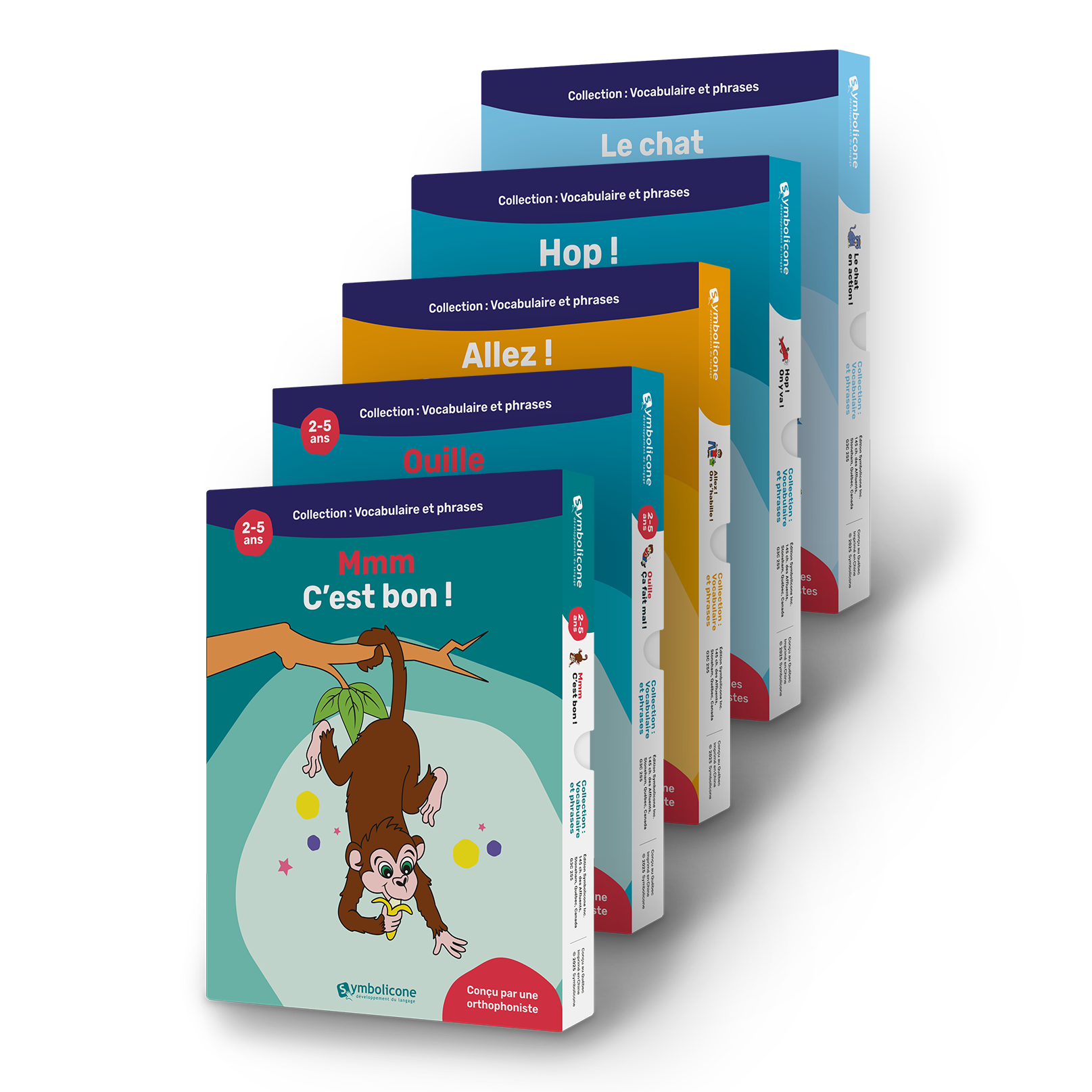 Les 5 livres magnétiques du coffret vocabulaire et premières phrases nº 1, empilés