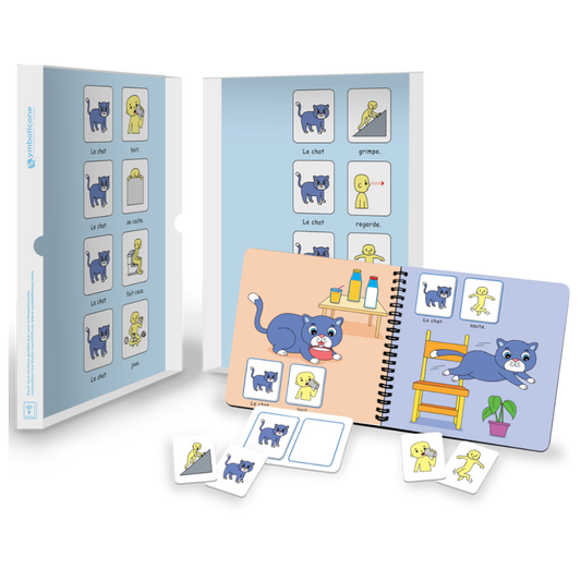 Open metal tin of « Le chat en action ! »: spiral booklet and magnetic pieces
