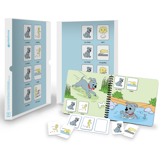 Open metal tin of « Le chien en action ! »: spiral booklet and magnetic pieces