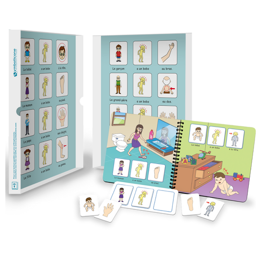 Boîte métallique ouverte d’un livre magnétique du coffret : livret en spirale et pièces