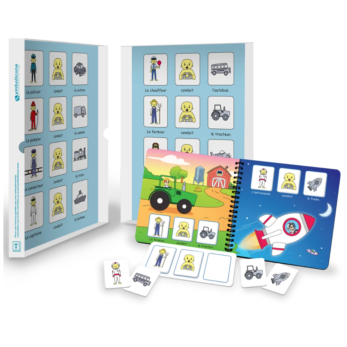 Boîte métallique ouverte d’un livre magnétique du coffret : livret en spirale et pièces