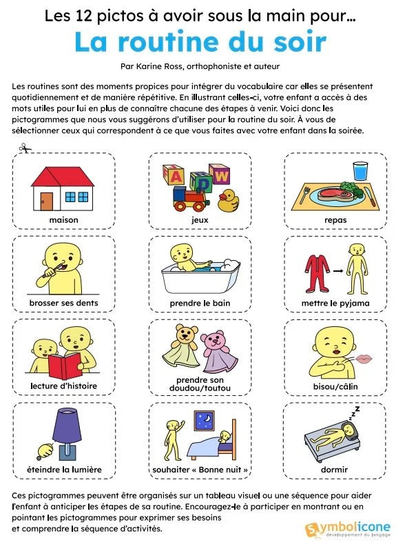Fiche des 12 pictogrammes pour la routine du soir de l'enfant, signée Karine Ross, orthophoniste