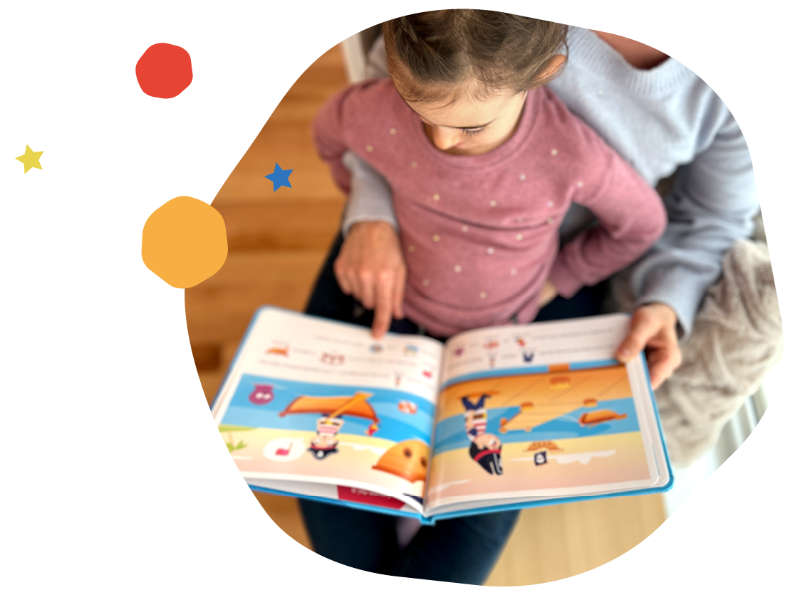 Child sitting on an adult's lap pointing at an illustrated page of a Histoires à trous book