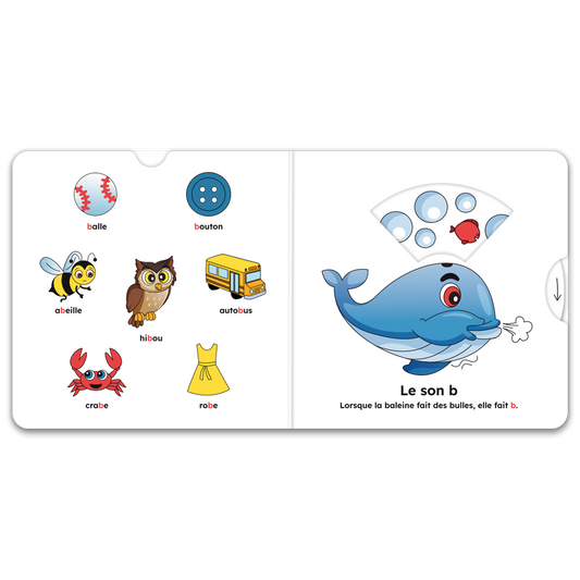 Pages intérieures de « J’apprends les sons (p, b, m, a, i) » : mécanismes interactifs et pictogrammes