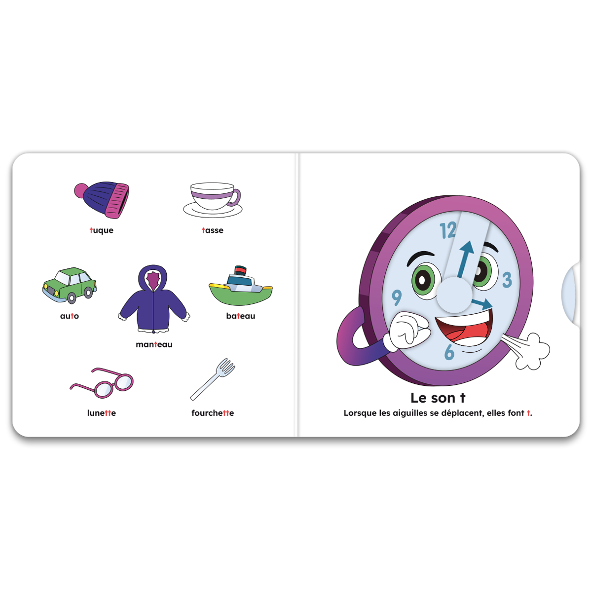 Pages intérieures de « J’apprends les sons (t, d, n, o, u) » : mécanismes interactifs et pictogrammes