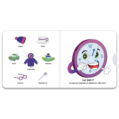 Pages intérieures de « J’apprends les sons (t, d, n, o, u) » : mécanismes interactifs et pictogrammes
