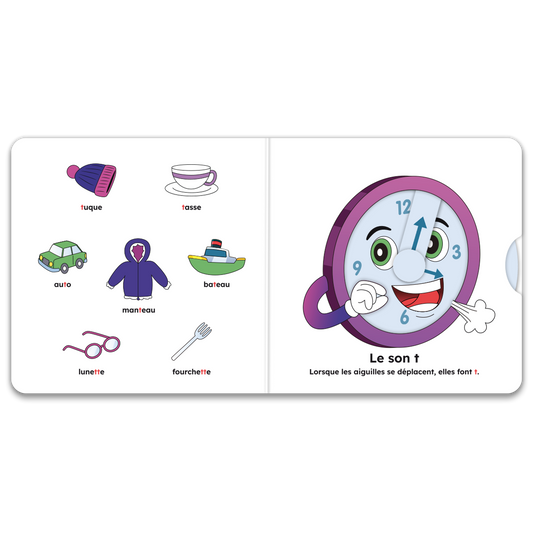 Pages intérieures de « J’apprends les sons (t, d, n, o, u) » : mécanismes interactifs et pictogrammes