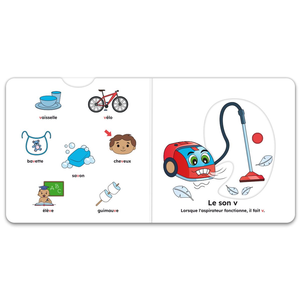 Pages intérieures de « J’apprends les sons (f, v, é, è, in) » : mécanismes interactifs et pictogrammes