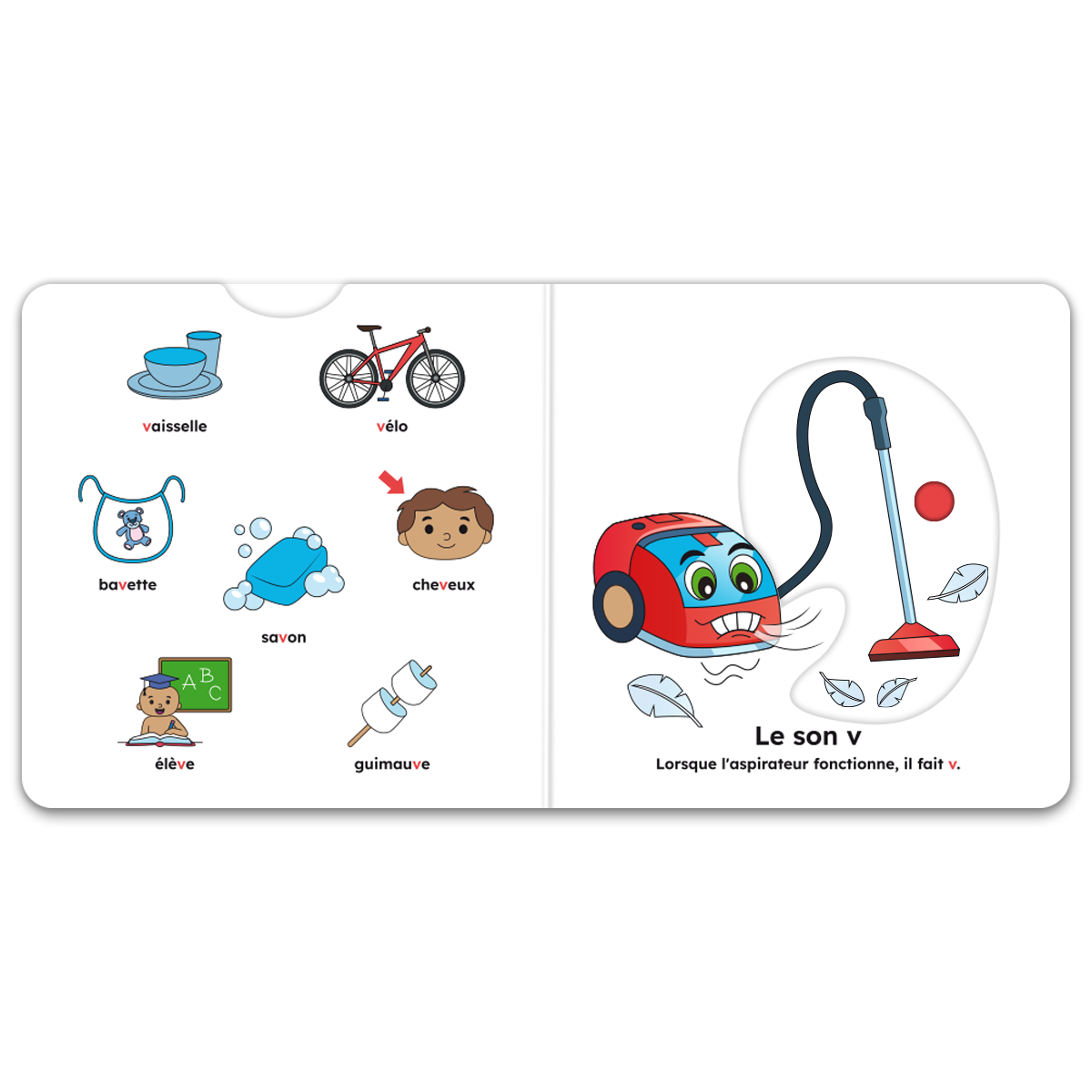 Pages intérieures d’un livre à mécanismes du coffret, avec pictogrammes