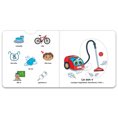 Pages intérieures d’un livre à mécanismes du coffret, avec pictogrammes