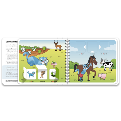 Pages intérieures du livre à rabats avec le chat, inclus dans le coffret