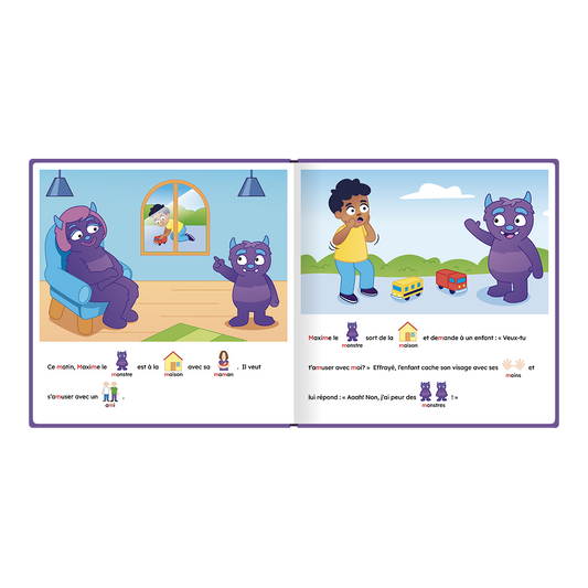 Pages intérieures illustrées de « Maxime le monstre veut un ami », avec pictogrammes intégrés au texte