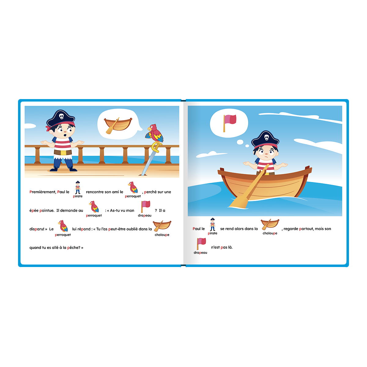 Pages intérieures illustrées de « Paul le pirate a perdu son drapeau », avec pictogrammes intégrés au texte