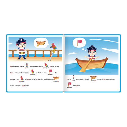 Pages intérieures illustrées de « Paul le pirate a perdu son drapeau », avec pictogrammes intégrés au texte