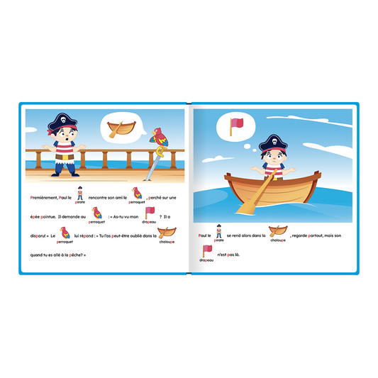 Pages intérieures illustrées de « Paul le pirate a perdu son drapeau », avec pictogrammes intégrés au texte