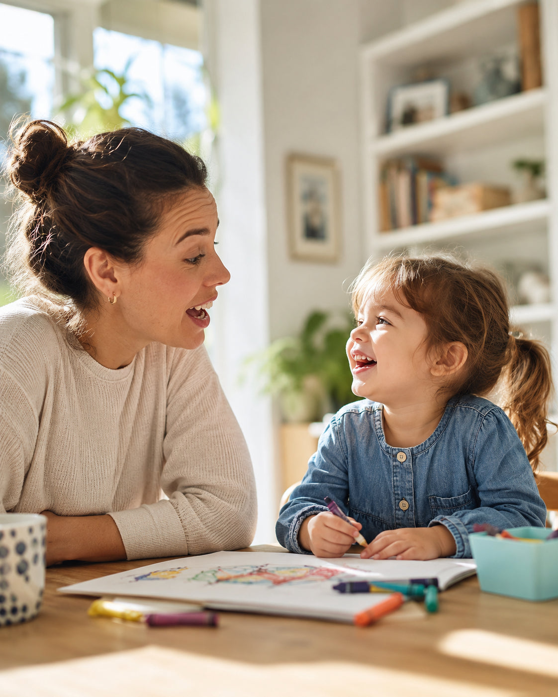 Adulte et jeune enfant riant ensemble en coloriant à la table