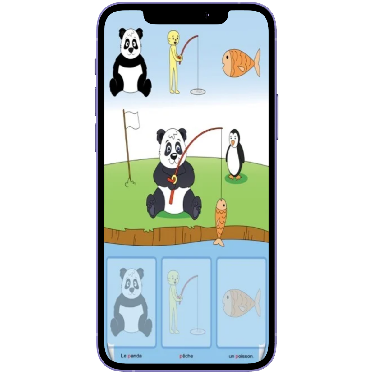 Écran de l'appli OrthoPicto : le panda pêche un poisson, phrase illustrée par des pictogrammes